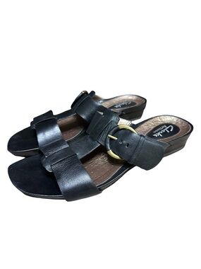 Clarks Artisan Black Slip On Buckle Sandals Size 7.5 Wedge Comfort Coastal Chic